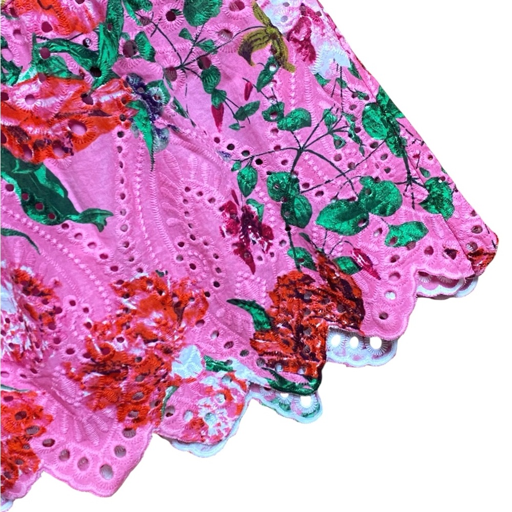 Gibson Latimer Pink Floral Eyelet Dress Small Cotton Puff Sleeve Tiered Midi - Picture 6 of 13